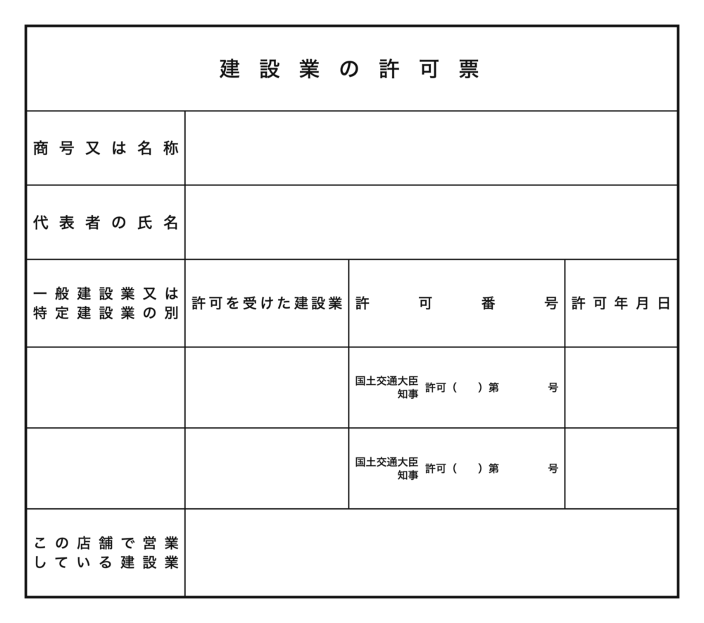 建設業許可票（営業所用・様式第28号）のテンプレート