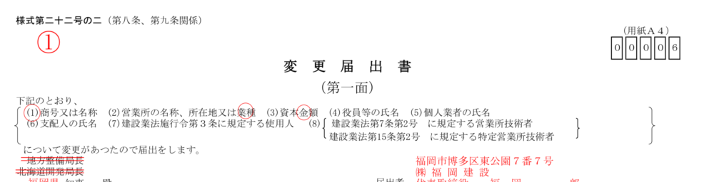 変更届出書 第一面の届出事項に「営業所の名称、所在地又は業種」が挙げられている様子