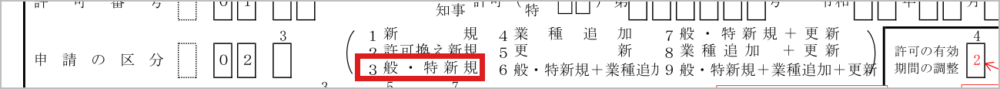 建設業許可申請書の申請の区分欄（般・特新規）