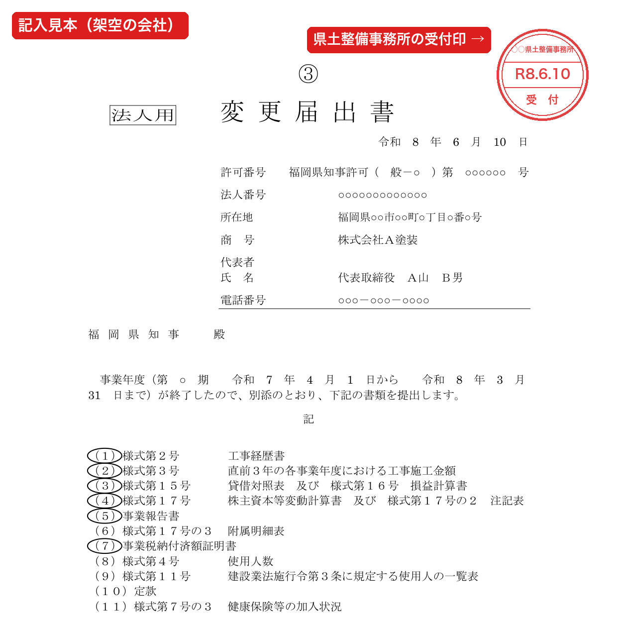 決算変更届の表紙（変更届出書）の記入見本と県土整備事務所の受付印